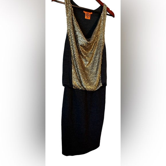 Tory Burch Gray Wool Knee Length Gold Sequin Sheath Cowl Neck Dress Size XS - Picture 7 of 13